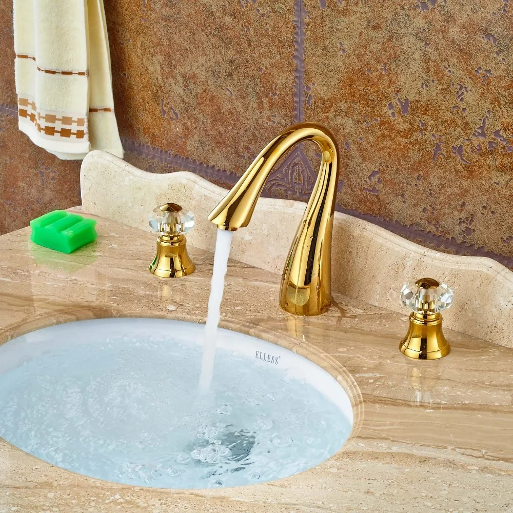 Gold Brass Crystal Style Bathroom Basin Faucet Widespread ...