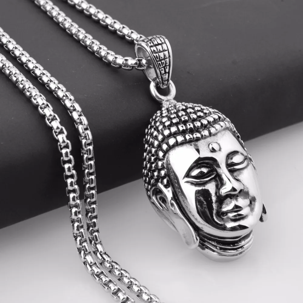 

Silver Black Color Buddha Head Pendant Necklace Oriental Exotic Style Jewelry For Biker Men's Stainless Steel Box Chain Choker
