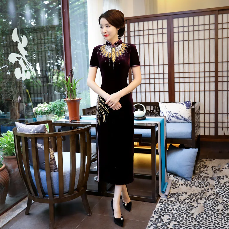 

Velvet Cheongsam Long Qipao Red Traditional Chinese Evening Dress Oriental Style Dresses Vestido Mujer Chino Retro Dressing Gown
