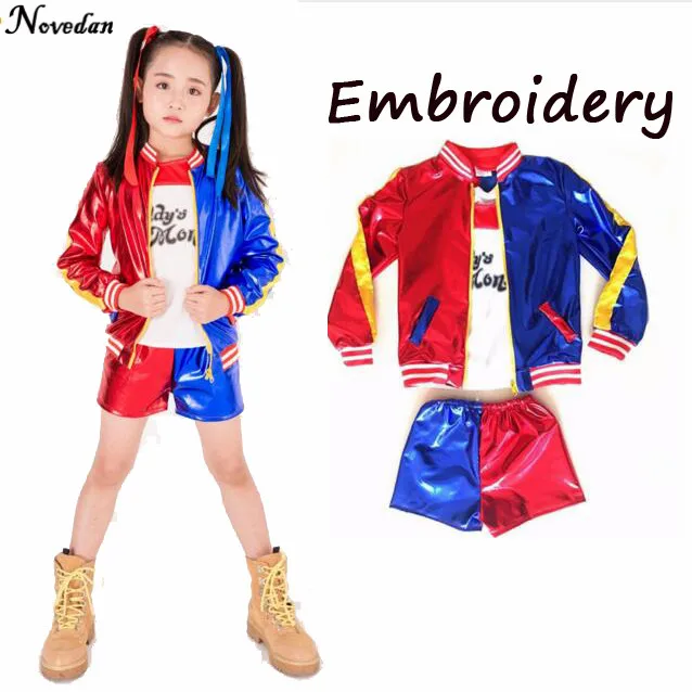 Girls Kids Joker Suicide Squad Harley Quinn Jacket Shorts Shirt Set Children Harley Quin Purim Halloween Cosplay Costume Suit