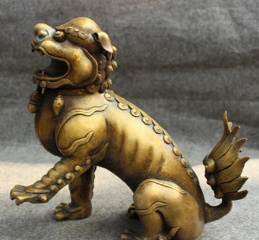 

song voge gem S4249 10"Chinese Bronze Buddhism FengShui PiXiu Lion Head Statue Incense Burner Censer