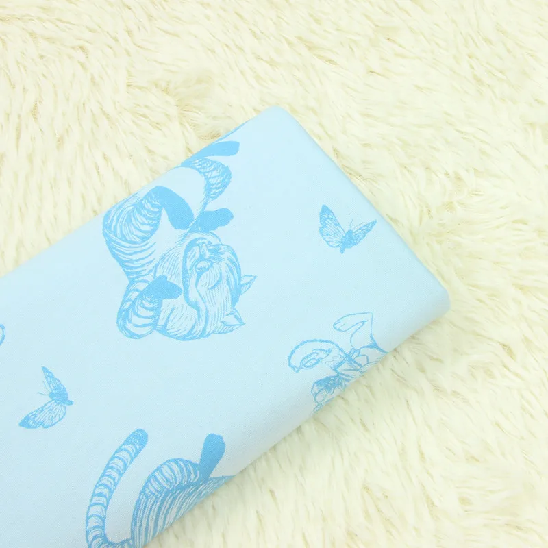 

half meter cartoon plain cotton fabric blue bottom with cat print, handmade DIY garment dress children baby cloth A804