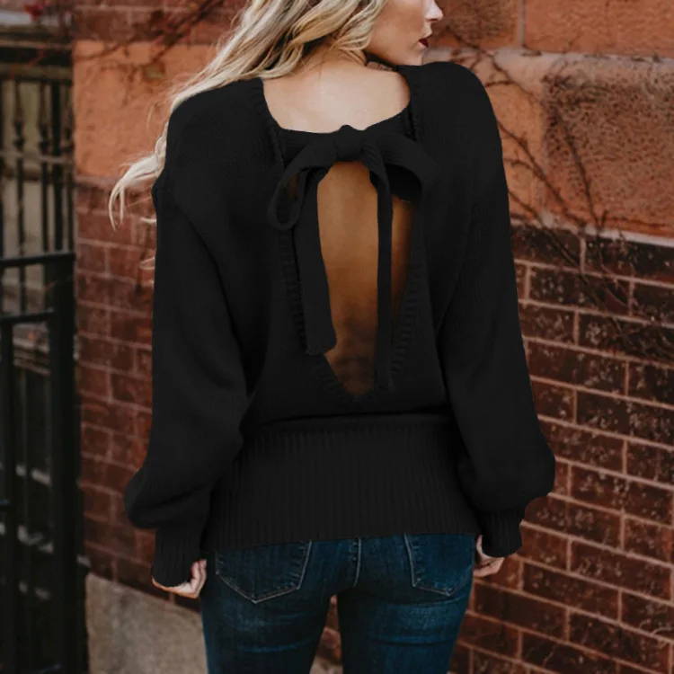 Новинка 2019, осенне-зимний женский свитер, пикантная с вырезом на спине и бантом, трикотажная рубашка с завязками на спине MY19012