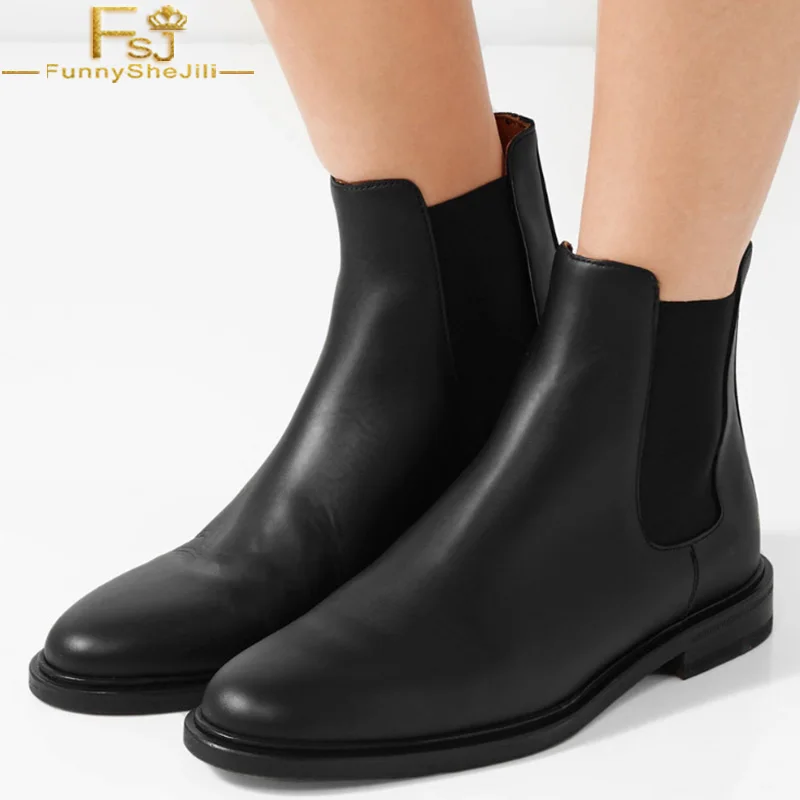 

FSJ Summer Black Elastic Band Chunky Heel Boots Flat With Patent Leather Chelsea Boots Round Toe Ankle Bootie Shoes Woman Autumn