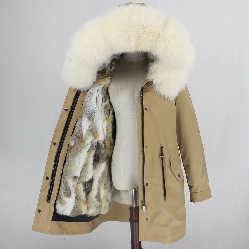 Женская меховая куртка OFTBUY, водонепроницаемая парка песочного цвета с подкладкой из натурального кроличьего меха, с меховой отделкой на капюшоне, верхняя одежда зима - Цвет: brown beige