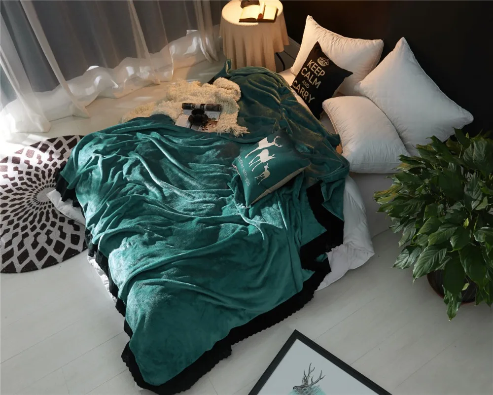 

High Quality Dark Green Flannel Blanket With Black Lace Winter Sofa / Aircraft / Bedding More Colour Optional Breathable