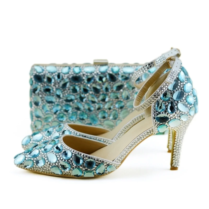 

Spring and Summer Blue Rhinestone Shoes With Matching Bag Women Bridal Wedding Pointed Toe High Heels with Ankle Strap Sandals
