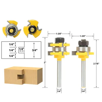 

2pcs/set 1/4" Shank 3 Blades T Type Tongue Groove Router Bit Set Woodworking Mortise Knife Tenon Solid Carbide End Mill Cutter
