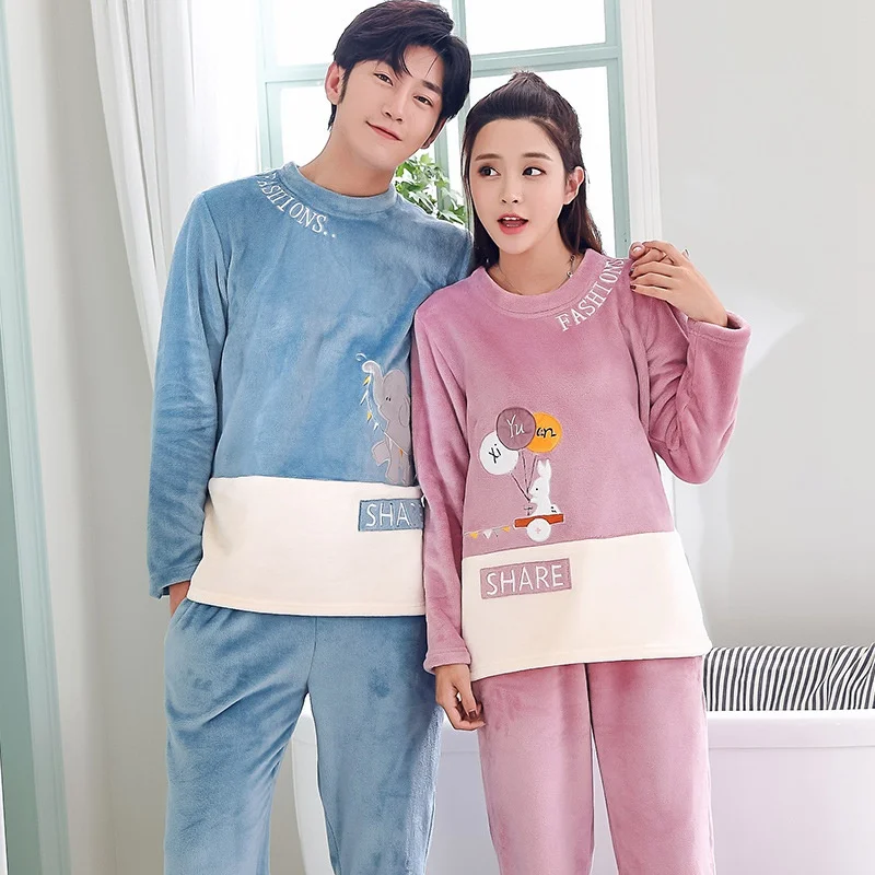 

JINUO New Arrival Winter Young Couples Flannel Thicken Pajama Sets Lovers Cartoon Indoor Warm Soft Home Wear Outdoor Sleepwear