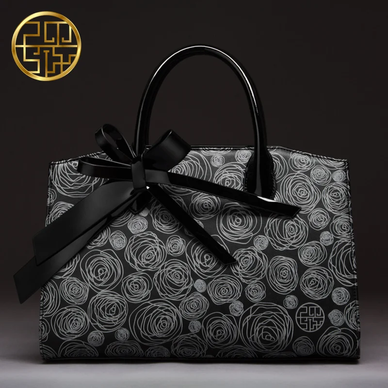 PMSIX 2017 New Women Leather Bag Cattle Split Leather Bow Floral Printing Retro Tote Bag Female Crossbody Handbag P120006