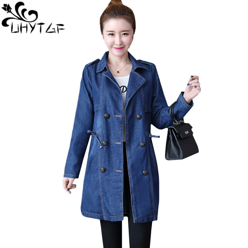 

UHYTGF 3XL New Women plus size Top outerwear Fashion double breasted Autumn Winter denim jacket Long sleeve Windbreaker Coat1206