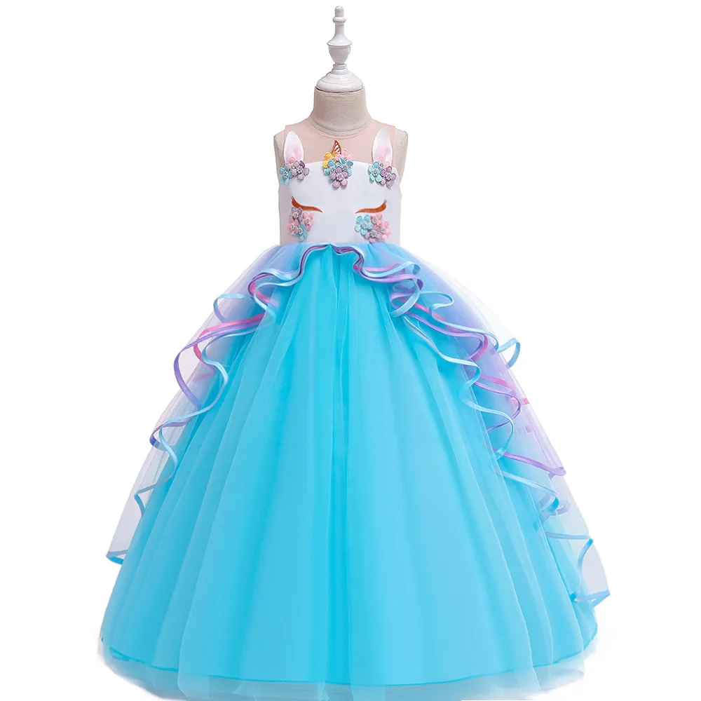 Детское платье в европейском и американском стиле длинное платье с единорогом Сетчатое газовое платье принцессы платье для девочек - Цвет: Синий