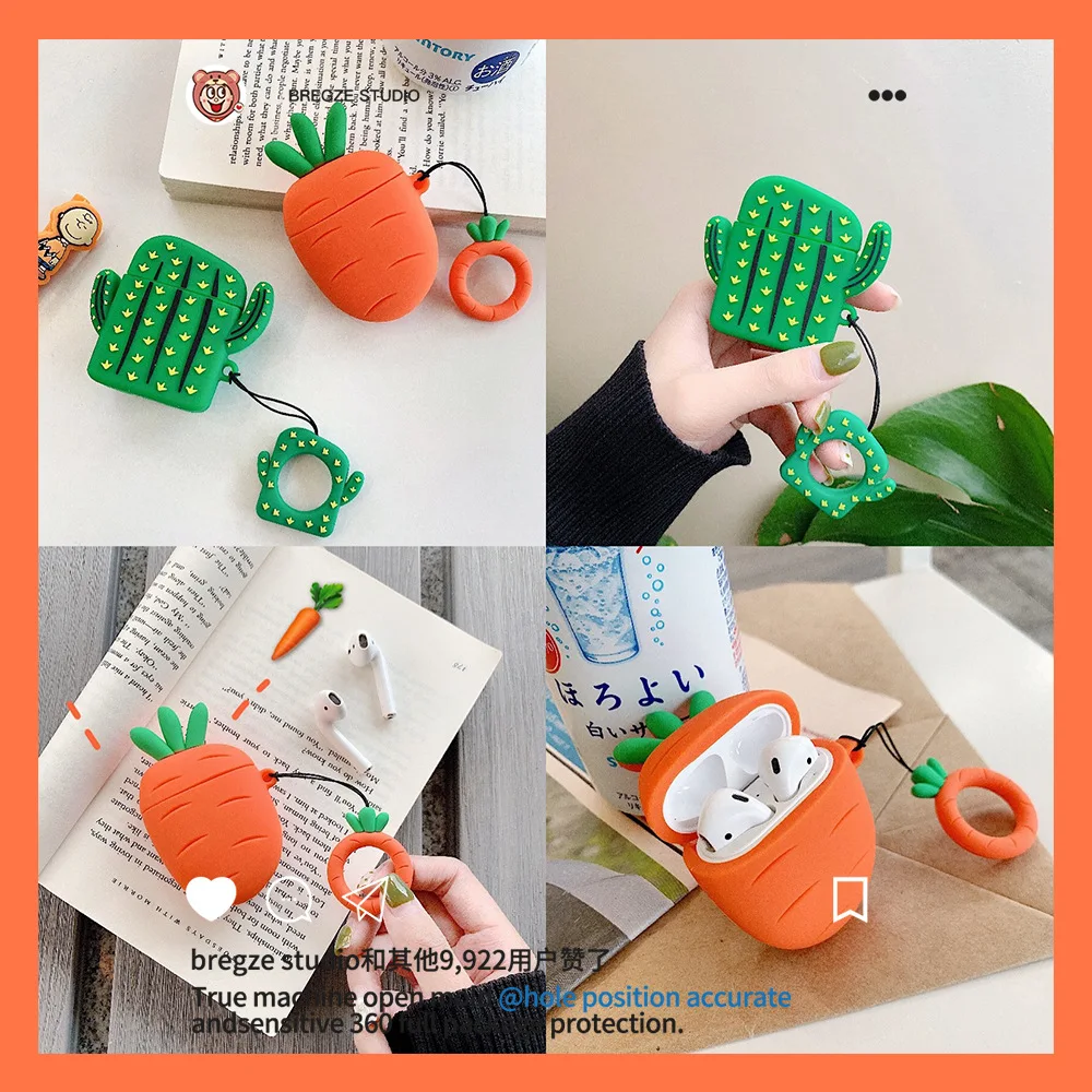 

New 3D Cactus Carrot Keychain Keyring For Apple Airpods Case Earphone Shockproof Silicone Protect Cover With Finger Ring Strap