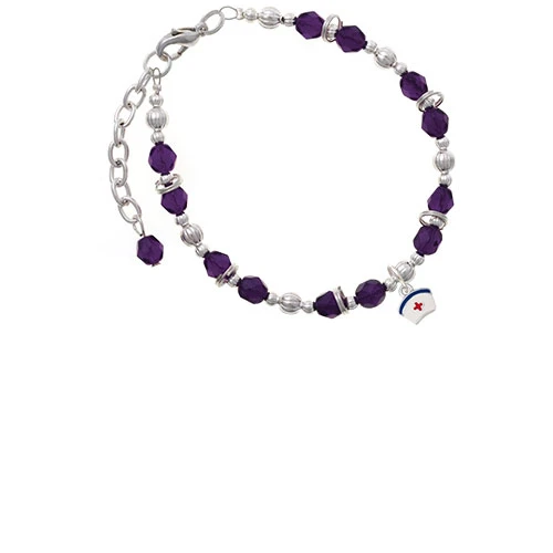 Silvertone Mini Nurse Hat Purple Beaded Bracelet