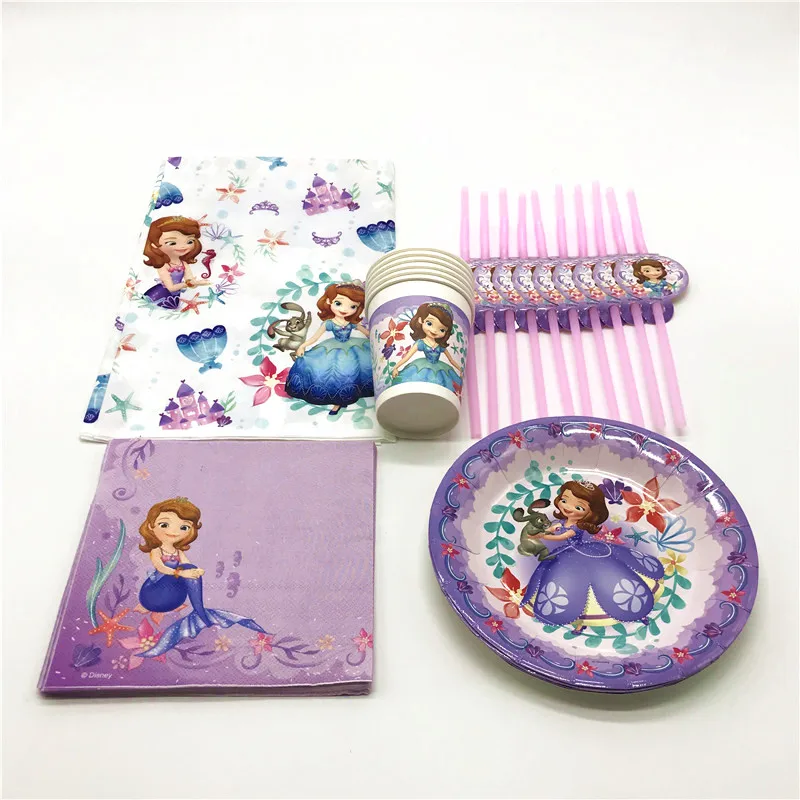 Disney Sofia The First 65 шт. чашка тарелка соломы мешок подарков Свадьба Baby Shower для маленьких девочек на день рождения Шум Maker баннер украшения питания