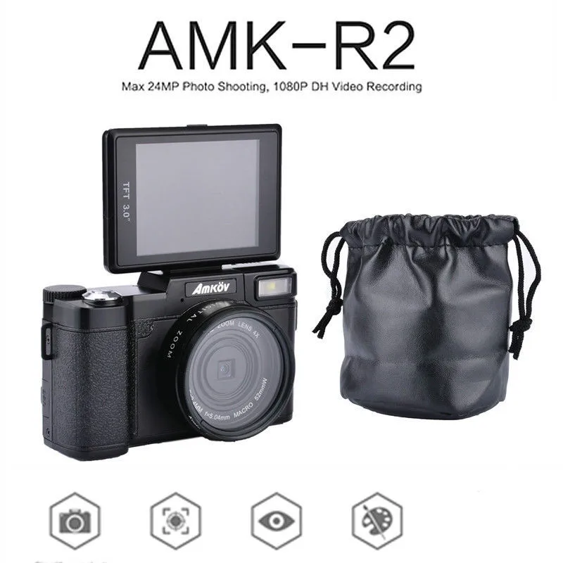 

AMKOV 1080P AMK-R2 DSLR Cameras 24MP HD Digital Camera Camcorder 3.0" TFT Rotatable Screen Recording Wide-angle Lens 4x Zoom Cam