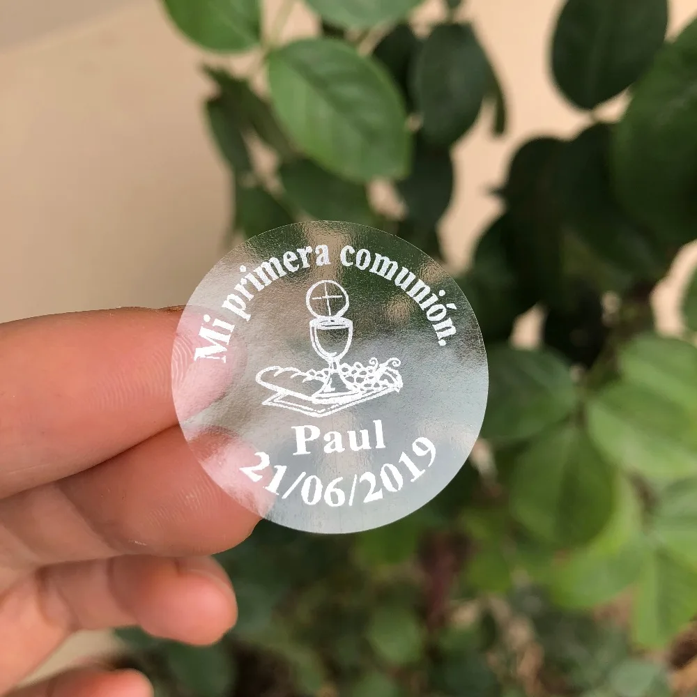 

My First 1st holy communion invitations envelop seals 60 personalized silver Chalices circle clear stickers