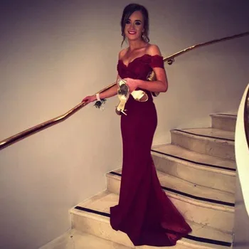 Robe De Soiree Mermaid Burgundry Long Evening Dress Party Elegant Vestido De Festa Off The Shoulder Prom Gown 2016 With Belt