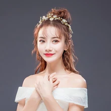 Gold Leaf Simulated Pearl Tiara Jewelry Handmade Crystal Bead Hair Accessories Party Wedding Gold Ribbon Headband