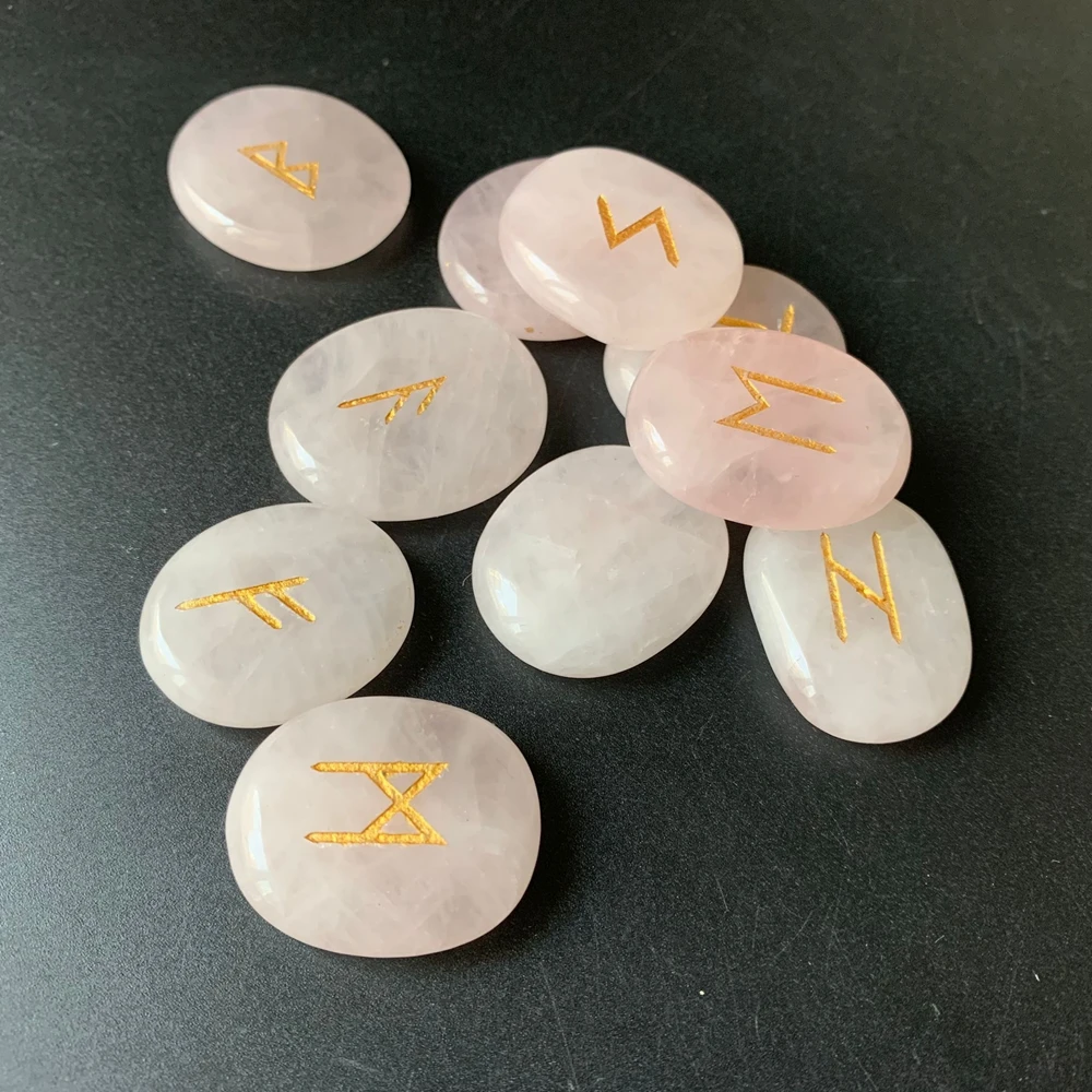 25 шт. натуральные Кристаллы розовый кварц камни руны викингов набор резных золотых надписей Wiccan языческие амулеты нордическая Руна