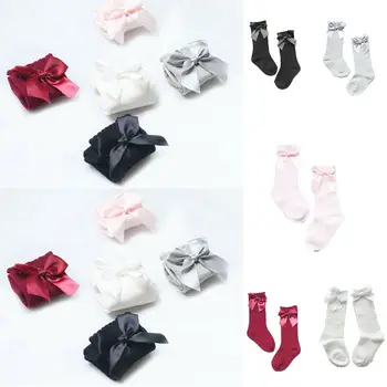 

New Toddler Baby Girls High Stockings Cotton Ribbon Socks Set Cute Kids Solid Color Bowknot Knee High Socks for 0-4Y Girls