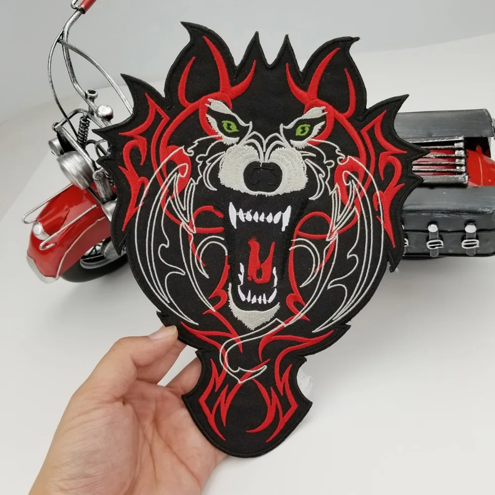 Wolf Biker Vest Rider Motorcycle Embroidered Iron On Back of Jacket Patch Black twill fabric Free Shipping DIY Eco-Friendly(4)