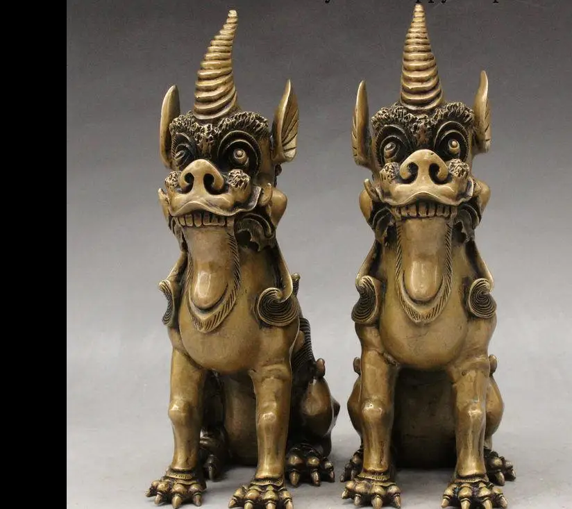 WBY 17017+++11&quot Chinese Bronze Evil kylin Kirin Pixiu Brave Troops Unicorn Beast Pair Statue | Дом и сад