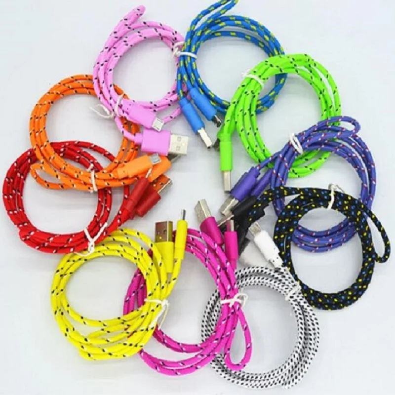 

10pcs/lot Colorful New 1M Fabric Nylon Braided Micro USB Cable for Samsung For Blackberry for HTC Cloth braided cable