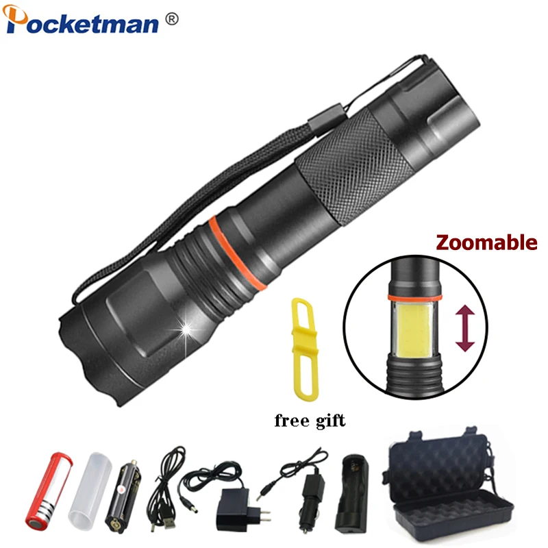 

T6+COB LED Flashlight 8000LM Waterproof Torch Zoomable Flashlight Tail with Magnet Base with 18650 Rechargeable Battery