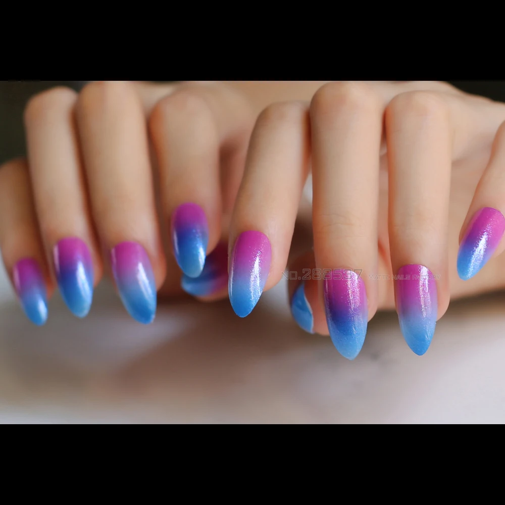 

Blue, red gradient glitter false nails 24pcs Pointed fake nails Stiletto Full set shiny change Pointed active with Sticker