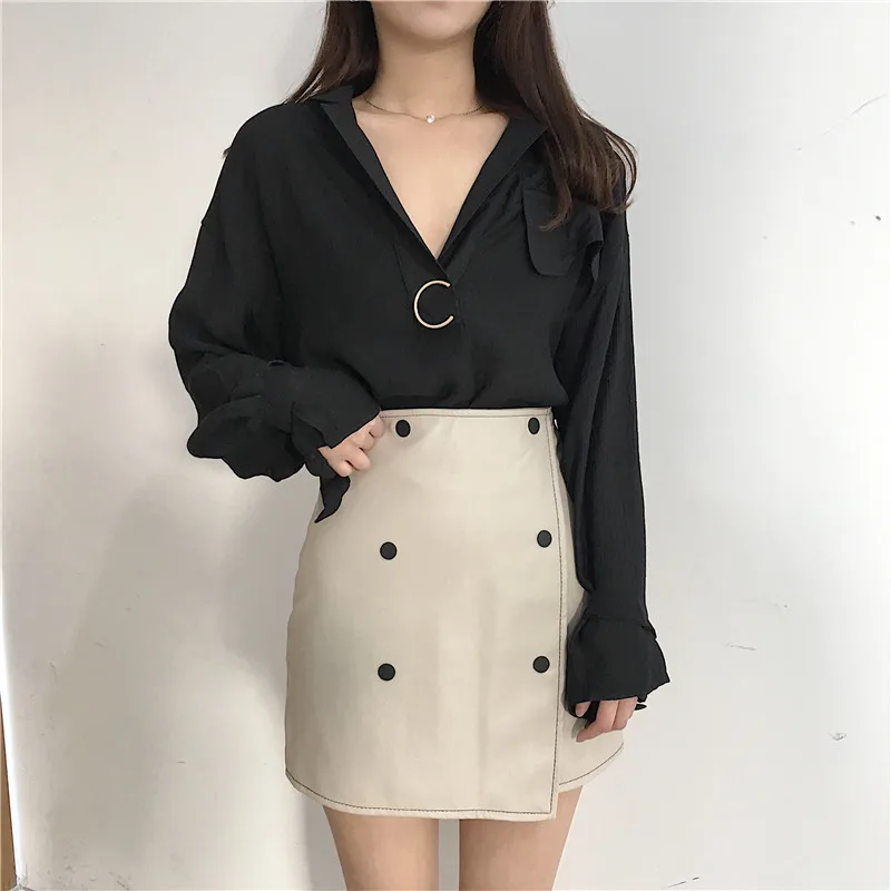 Elegant V neck Solid Blouse Shirt Women Sexy Long Sleeve Blouse ...