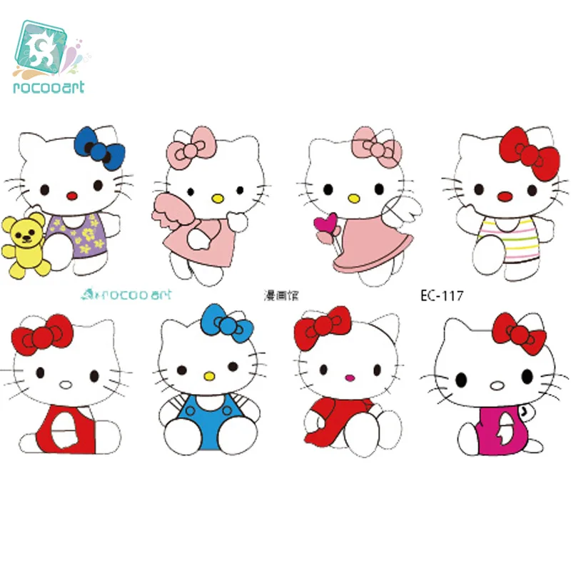 Rocooart EC117, цветные, яркие, яркие, для девочек, hello kitty, временные тату, стикер, боди-арт, переводная вода, поддельные, флеш-тату