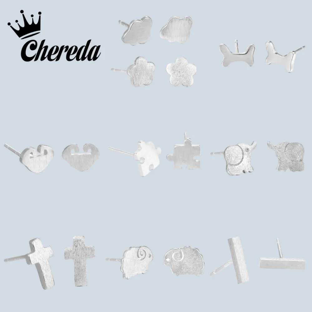 

Chereda Silver Drawing Stud Earrings Set Cute Animal Geometry Small Simple Design Earring For Women Men Jewelry Accessories