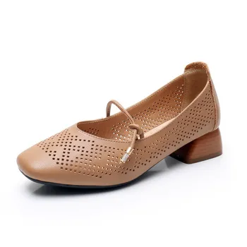

2019 Spring and Summer Breathable Hollow Genuine Leather Shoes Thick with Low Heel Shoes Sandals Women Fashion Shoes Plus Size