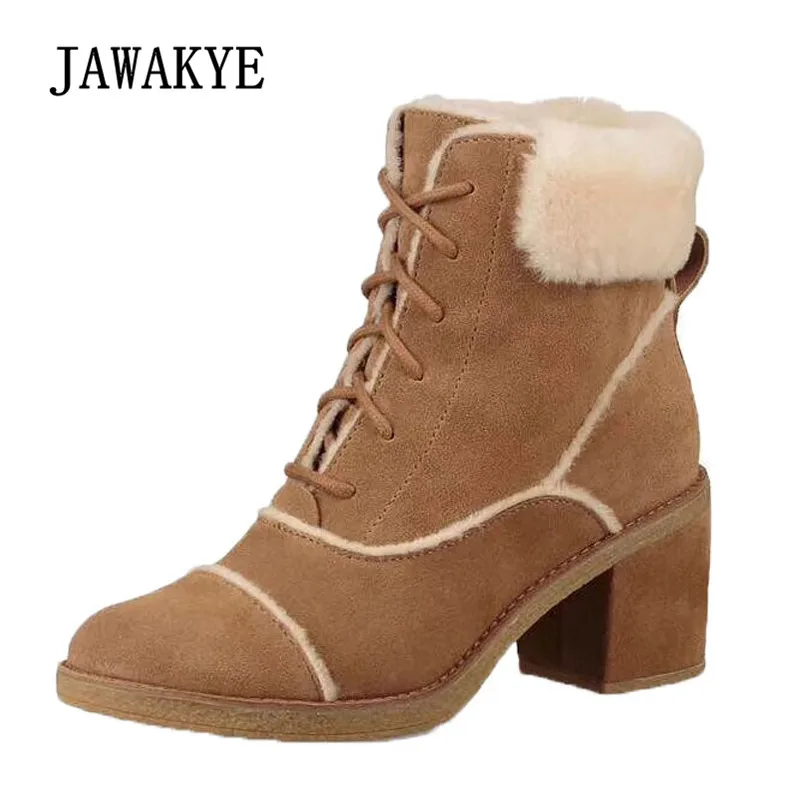 

2018 Wool Fur Snow Boots Women Round Toe Mixed Color High Heel Boots Woman Suede Ankle Boots
