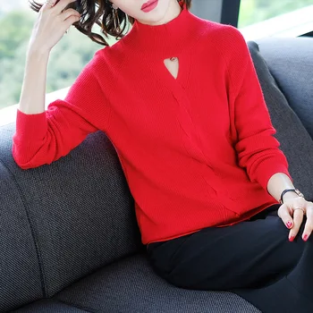 

Autumn new Korean version of the solid color wild thin half-neck sweater short long-sleeved hollow fashion women's sweater