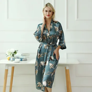 

Sexy Blue Gray Long Sleepwear Print Rayon Robe Women's Pajamas Sexy Bathrobe Dressing Gowns Women Bride Bridesmaid Wedding Robes