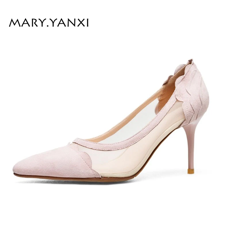 Spring/Autumn Women Pumps Lady Shoes Genuine Leather Floack Mesh Thin High Heel Pointed Toe Casual Fashion Slip-On Shallow Solid | Обувь