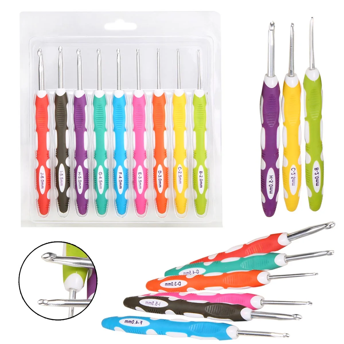 9pcs/set Mixed Color Plastic Aluminum Crochet Hooks Sewing Needles 2/2.5/3/3.5/4/4.5/5/5.5/6mm Yarn Knitting Needles Set