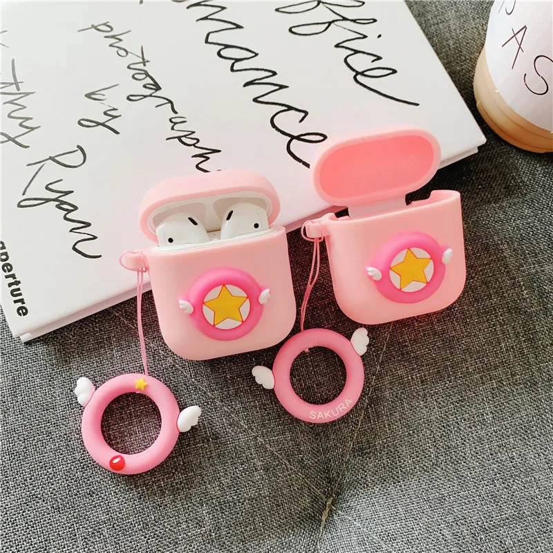 3D силиконовый милый чехол для Airpods TWS Sakura Розовая звезда Ангел крыло кожухи