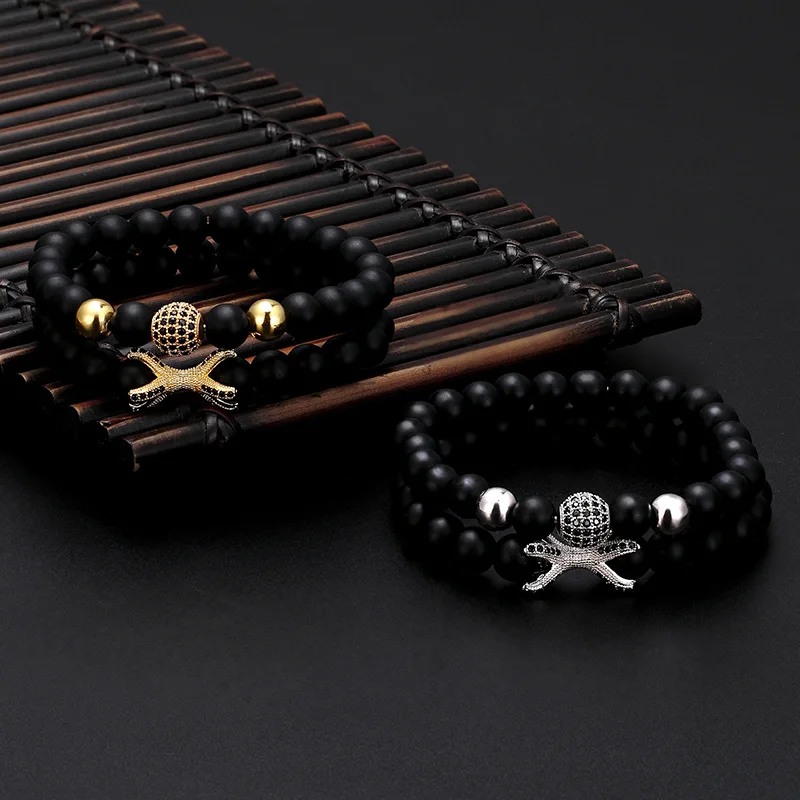 2 Pieces / Set Fashion Copper Micro-inlaid Zircon Ball+ Octopus Bracelet 8mm Natural Stone Beads Bracelet Men Jewelry Gifts