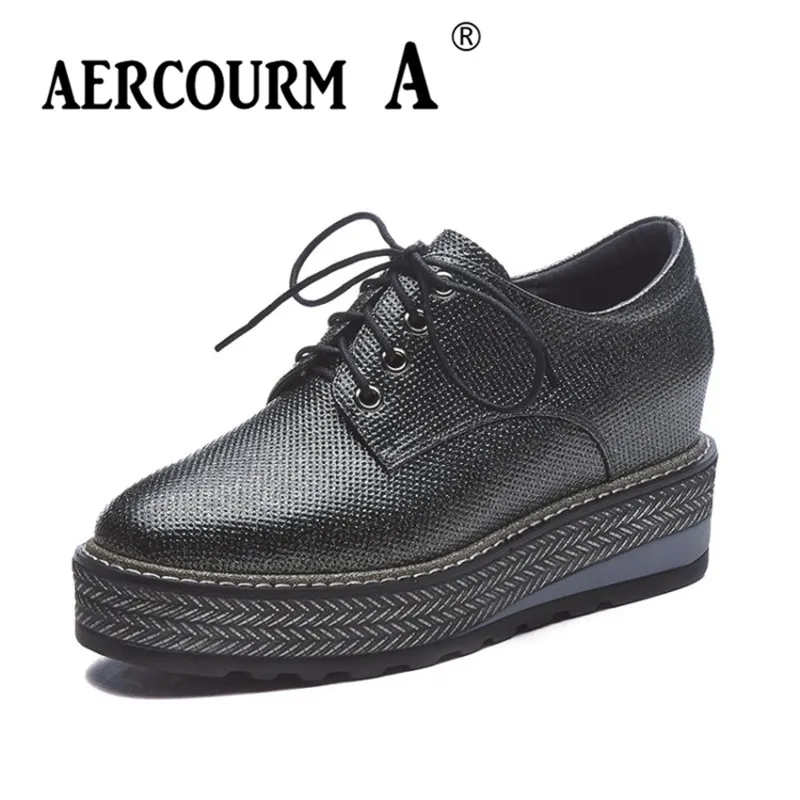 

Aercourm A 2018 Women Cowhide Leather Shoes Female Lace Shoes Casual Platform Shoes Heel 6 CM + Increased Within 2.5 CM DTN806