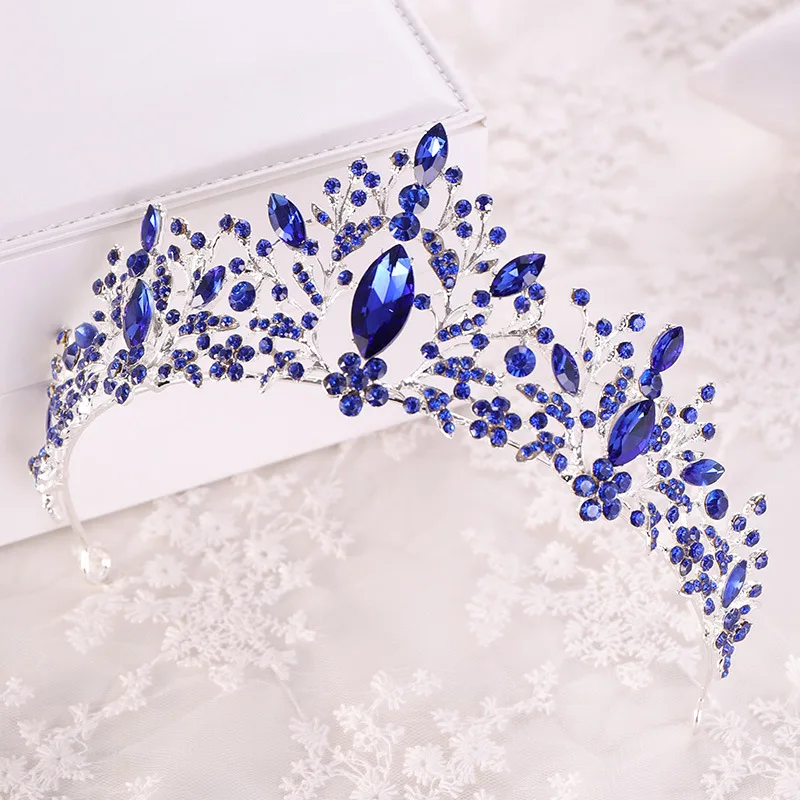 

Baroque Luxury Blue Crystal Heart Bridal Tiaras Crowns Rhinestone Pageant Diadem Veil Tiara Headbands Wedding Hair Accessories