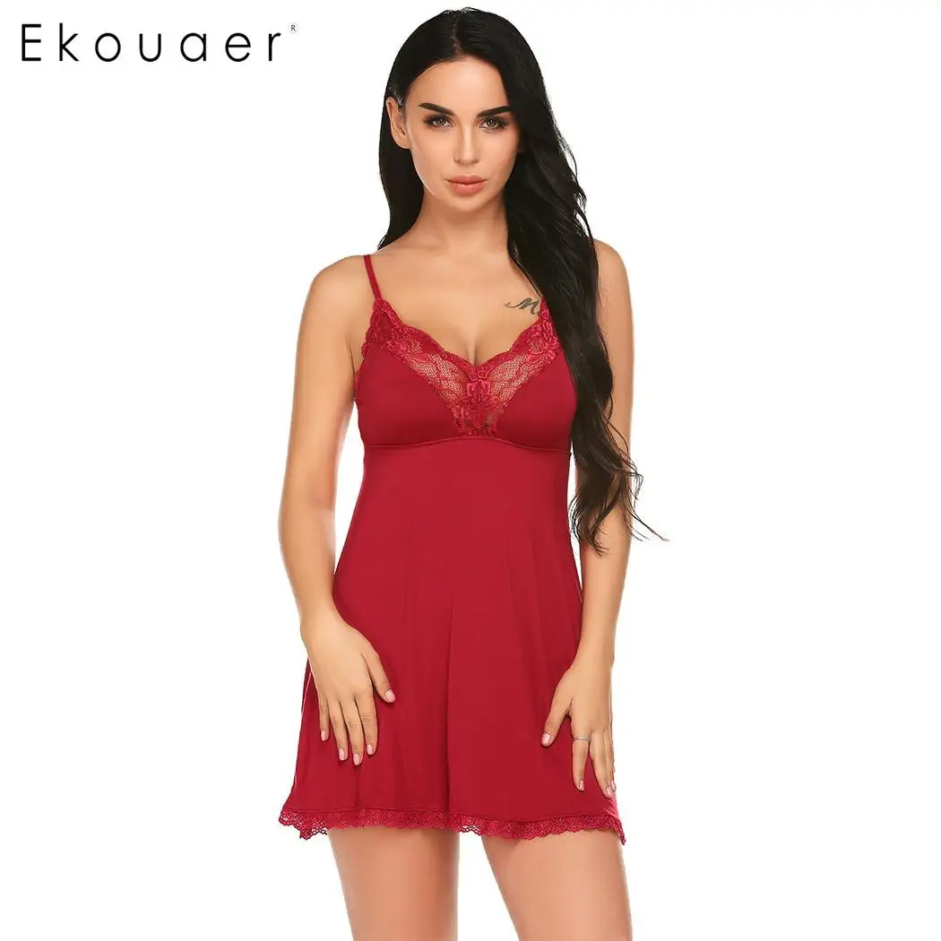 Ekouaer женское нижнее белье пикантная кружевная пижама в стиле пэчворк Сексуальная сорочка на бретельках летняя одежда для сна - Цвет: Red