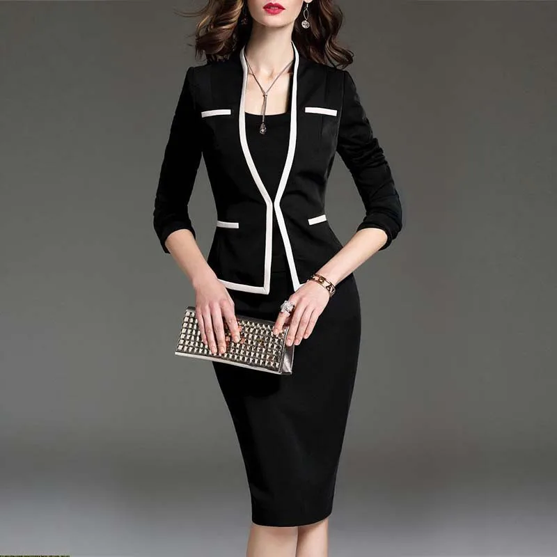Women Suits Bodycon Dress Jacket 2 Pieces Set Office Wear Jacket And Dress 2019 Spring Autumn Female Dresses Suits Plus Size 6XL