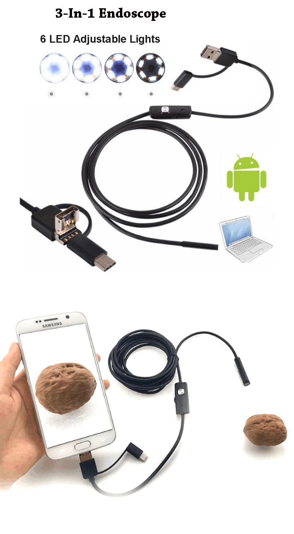 Высокое качество 3 в 1 USB Android эндоскоп камера 8 мм объектив IP67 Водонепроницаемый 6 светодиодный OTG Android осмотр видео фото камера захвата