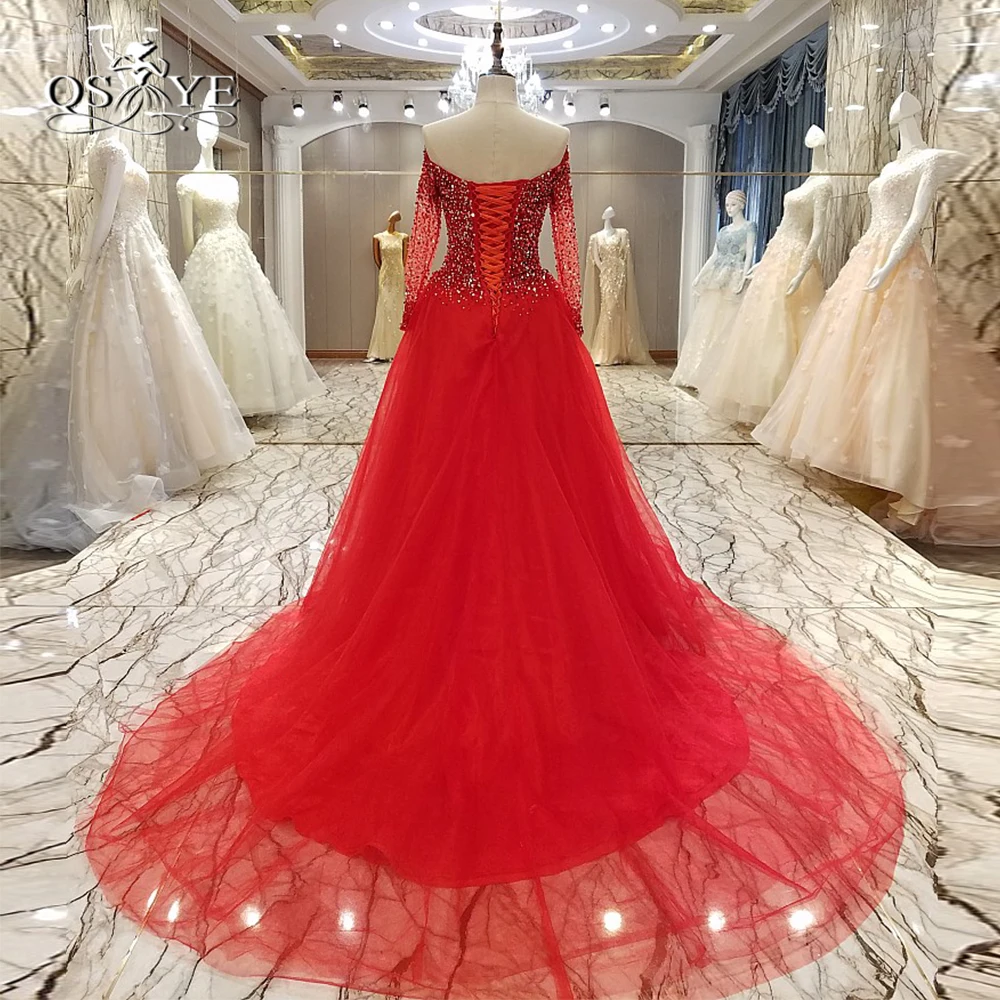 Блестящие бусины Длинные Выпускные платья Robe de Soiree с открытыми плечами с длинным рукавом развертки Поезд Тюль Формальное вечернее платье вечерние