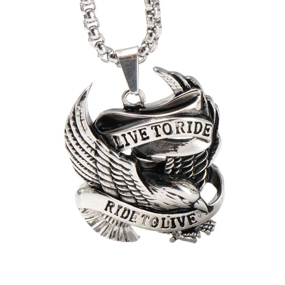 

Men's Stainless Steel Live to Ride Ride to Live Eagle Biker Pendant Necklace with Chain (Gun Color)