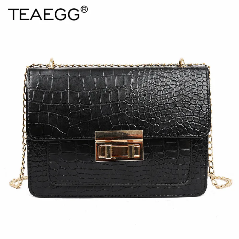 

TEAEGG Fashion Ladies Crocodile Flap Bag Designer Handbags Women Bags 2019 Black Day Clutch Gold Chain Girls Crossbody Bags