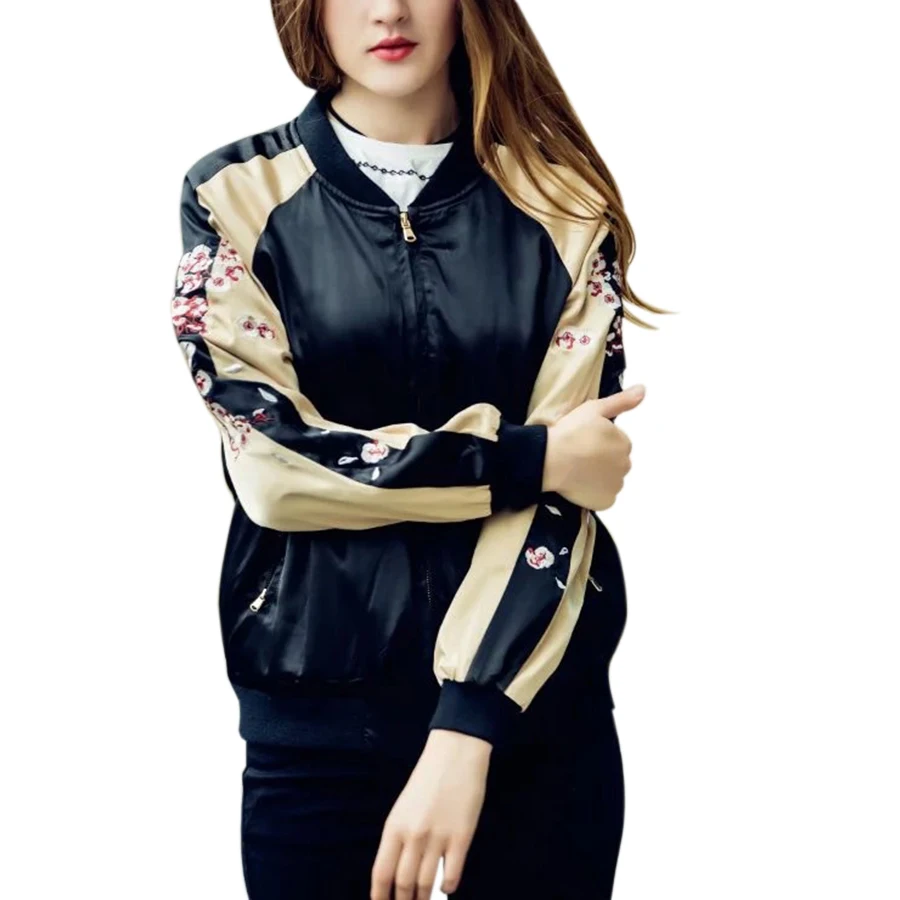 2017 Fashion Womens Flower Embroidery Bomber Jackets Ladies Stand